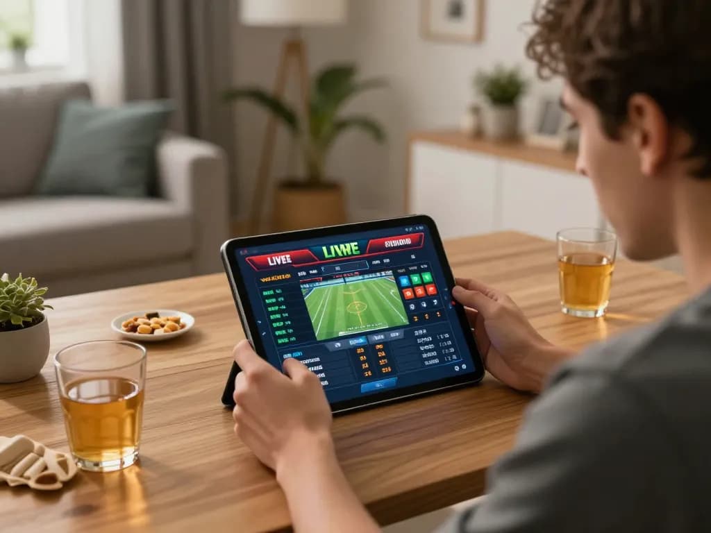 Engaged in sports betting at home using G28 app on tablet, creating a relaxed and strategic environment.