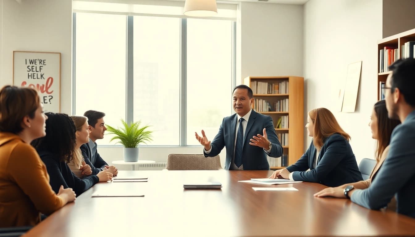 Corporate coach leading an engaging session in a bright, professional office setting.
