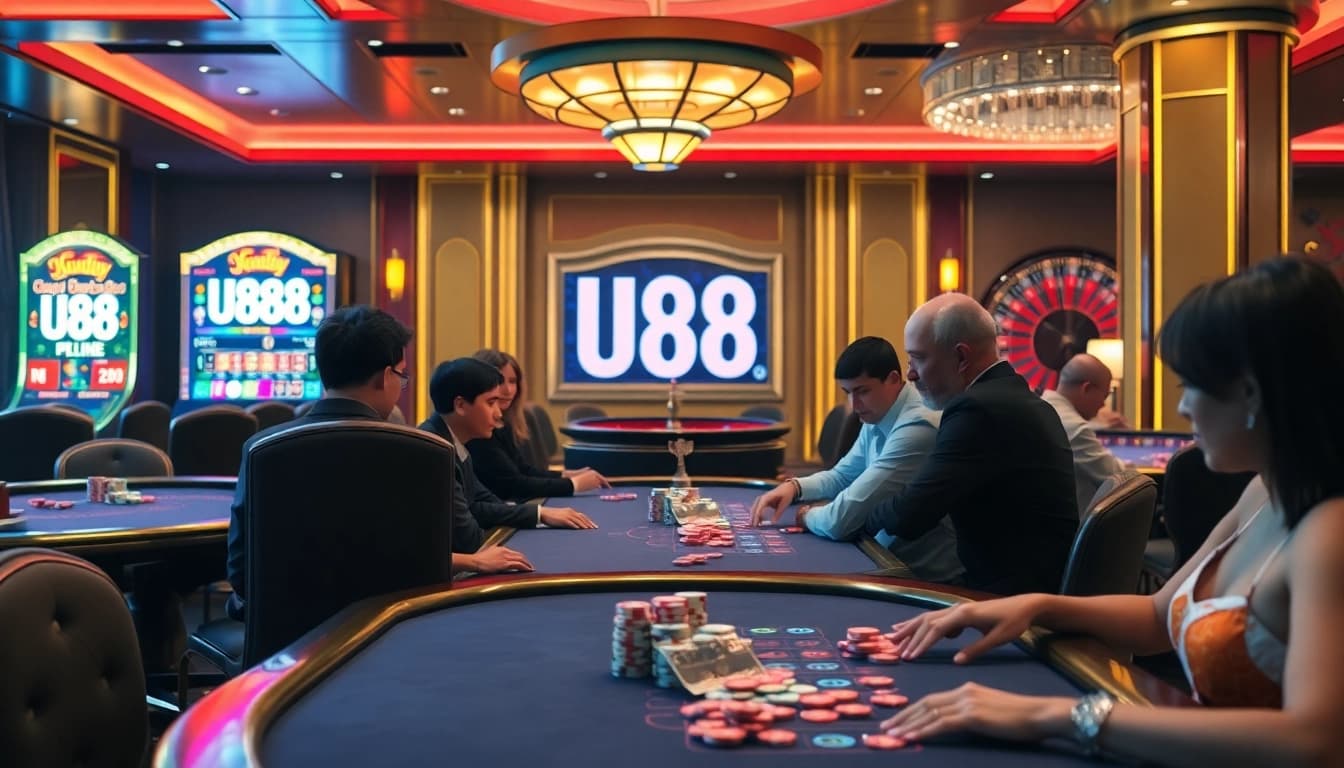 Players enjoying the U88 slot machine in a luxurious casino atmosphere filled with excitement.