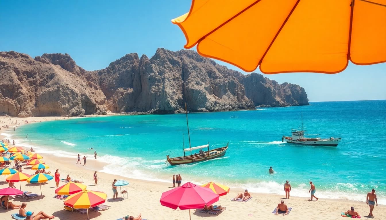 Engaging beach scene illustrating things to do in Cabo San Lucas, featuring sunbathers and fishing boats.