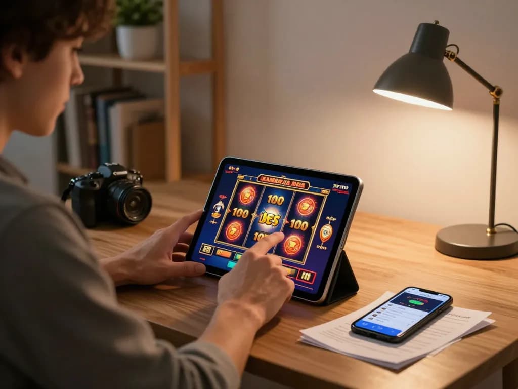 Engaged player enjoying slot kamboja bet 100 on tablet in a modern home setup with ambient lighting.