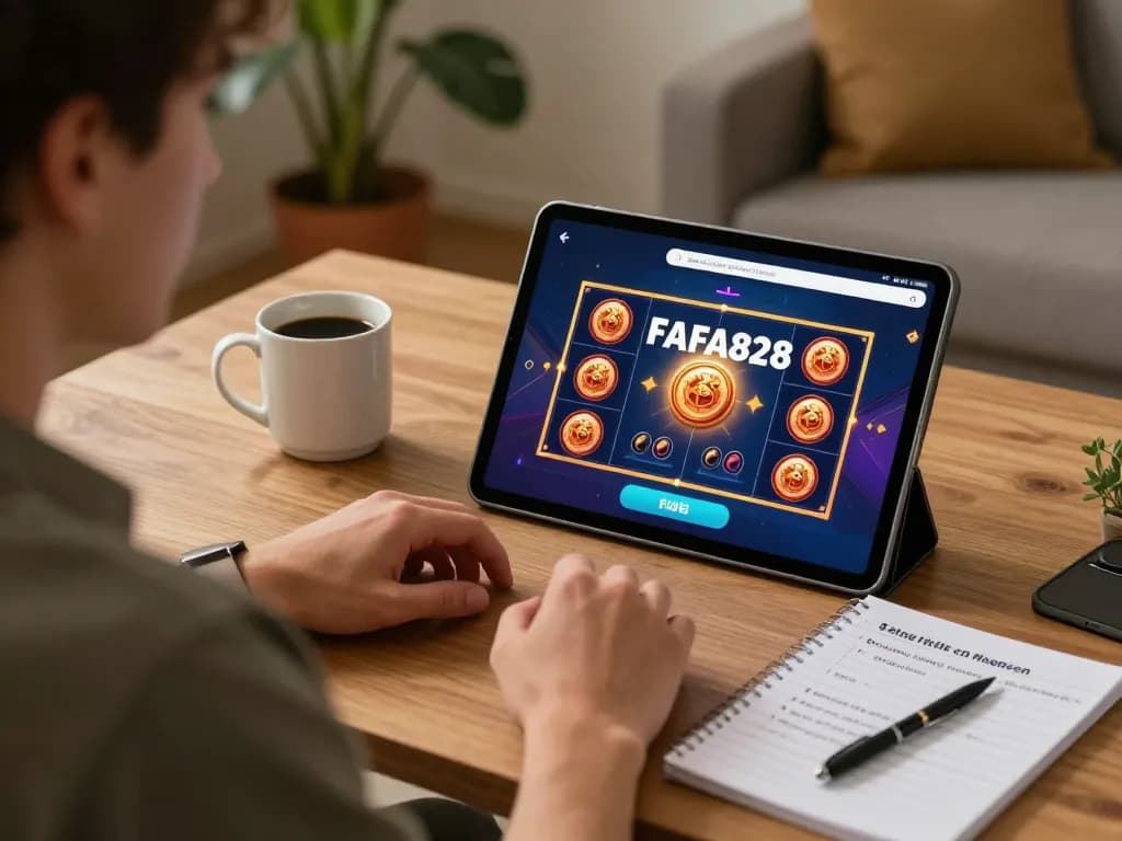 Player using FAFA828 app on tablet for thrilling online slots experience at home