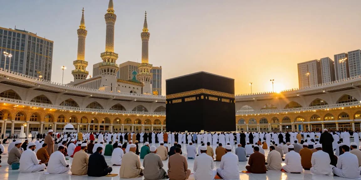 Umroh Ramadhan pilgrimage experience in Makkah during sunset, vibrant atmosphere of community and spirituality.