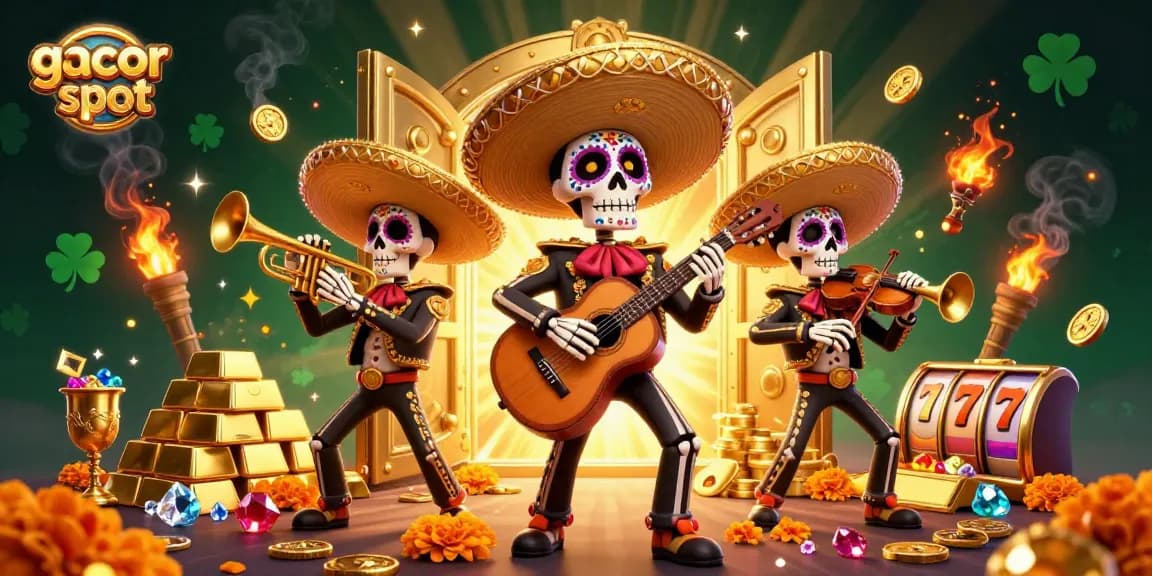 Play gacor slot at vibrant casino with skeleton mariachi band, gold treasures, and dynamic action.