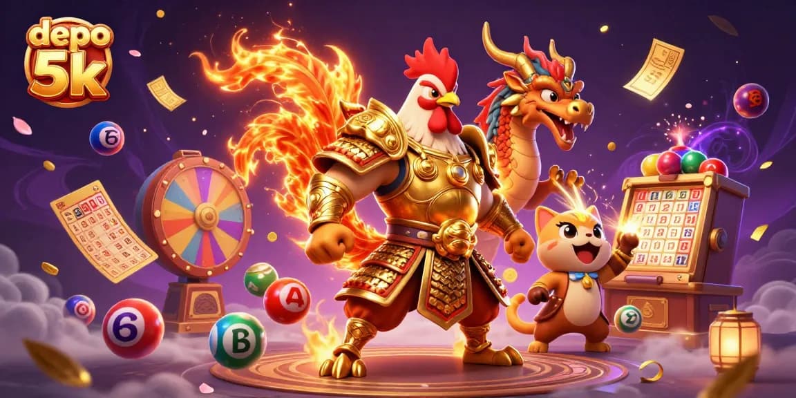 Experience thrilling wins with depo 5k: a vibrant cartoon scene of a rooster warrior and dragon hatchling in a casino.