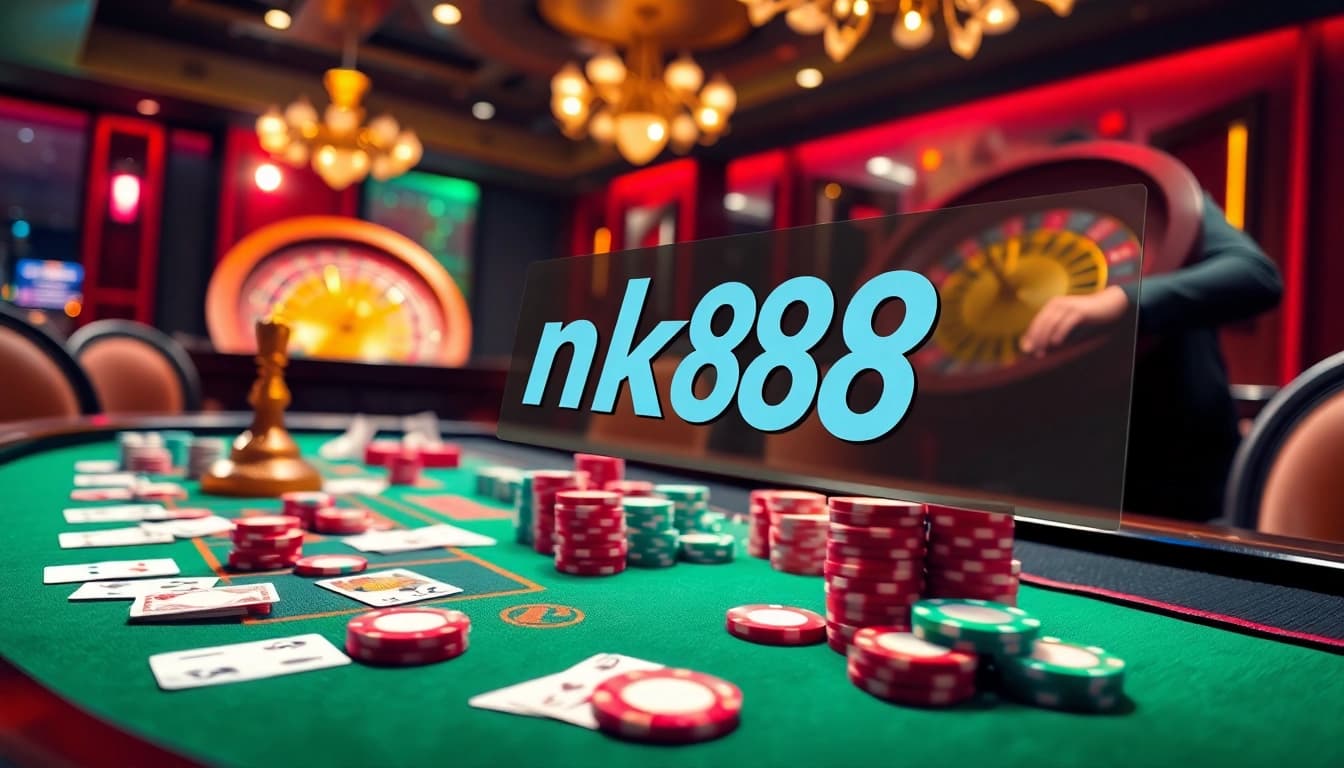 Engage with exhilarating casino action at nk88 poker table with vibrant chips and cards.