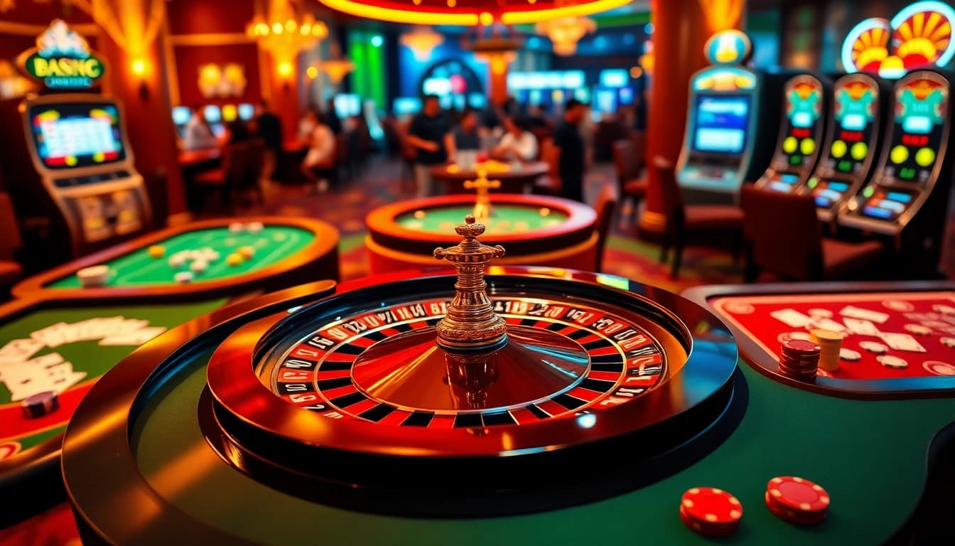 Participez à des jeux palpitants dans un casino en ligne Français avec une roulette élégante et des machines à sous vibrantes.
