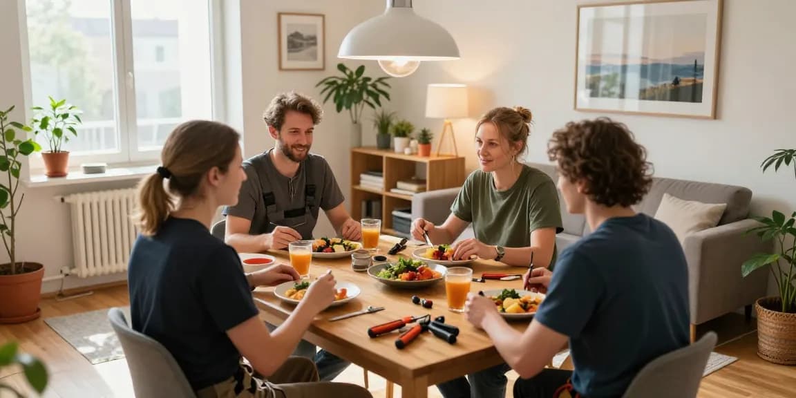 Gemütliche Monteurwohnung Hannover mit Tisch, der von Handwerkern für das gemeinsame Essen gedeckt ist.