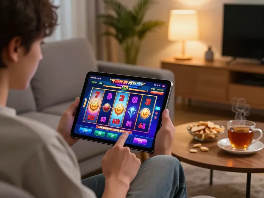 Engaging gameplay on вебสล็อต with vibrant slot reels displayed on a tablet, cozy home atmosphere.