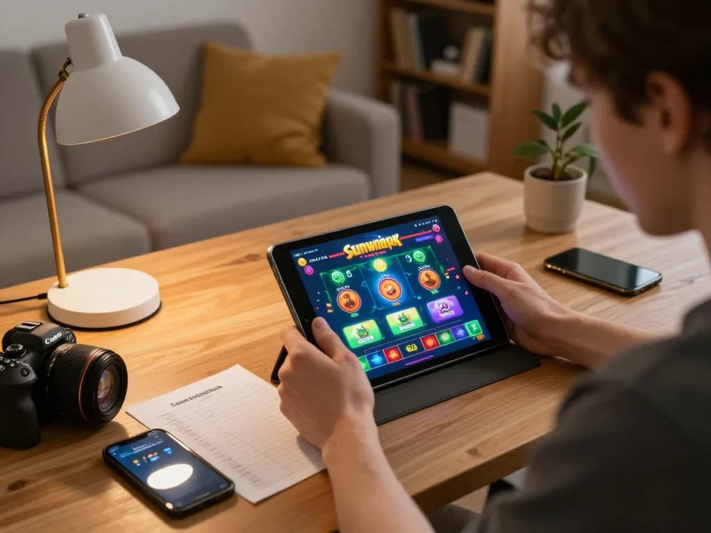Engaging gambler interacting with sunwinapk app on tablet in cozy home setting