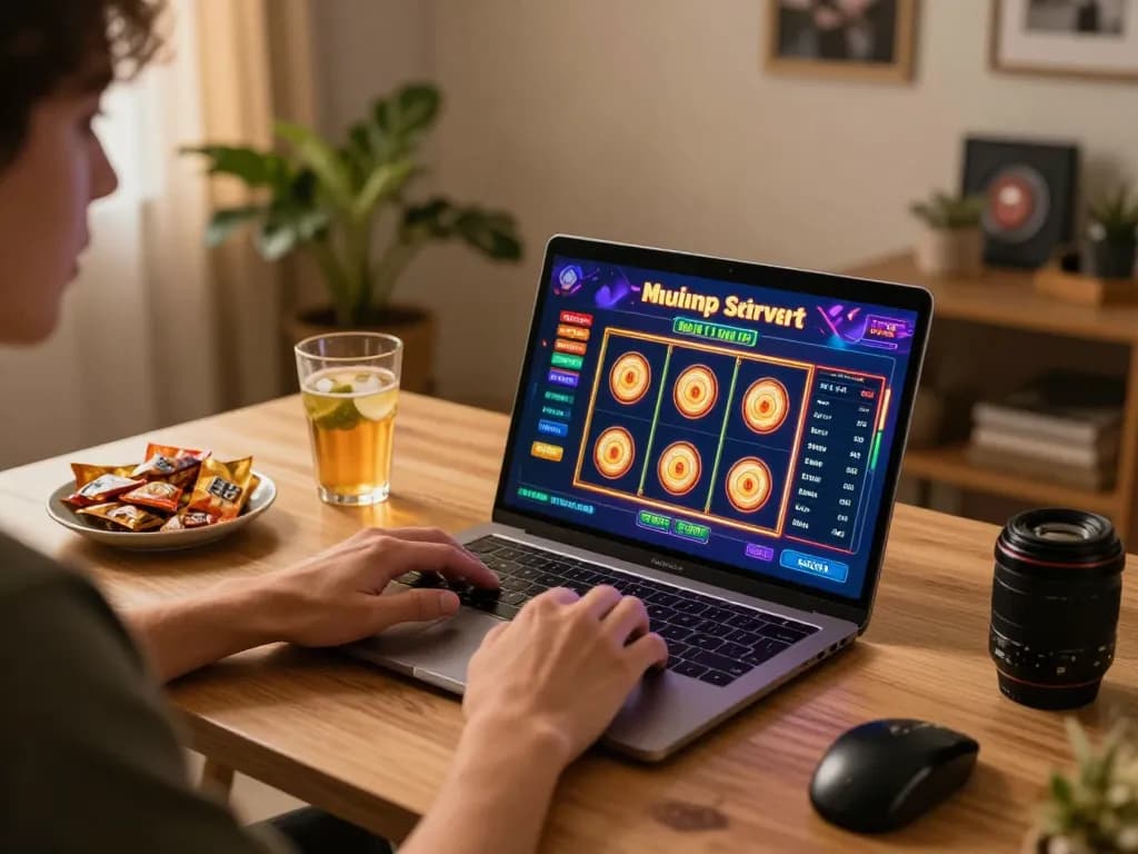 Engaged player spinning reels on a slot server thailand no 1 game during a home gaming session.