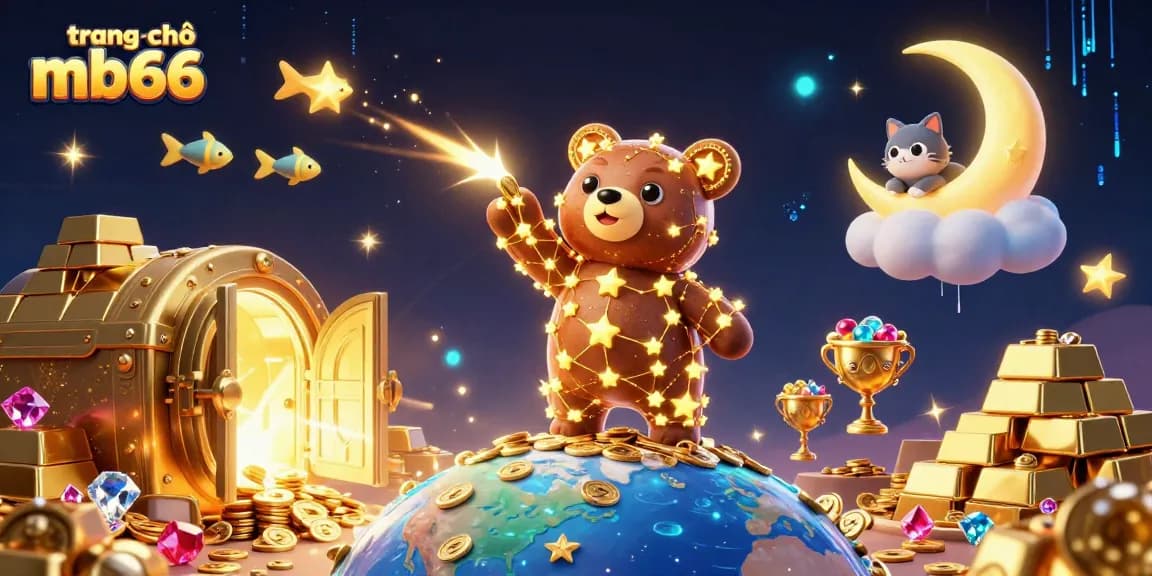 Engage with exciting gameplay at trang chủ mb66 as a constellation bear gathers coins amidst glowing treasures.
