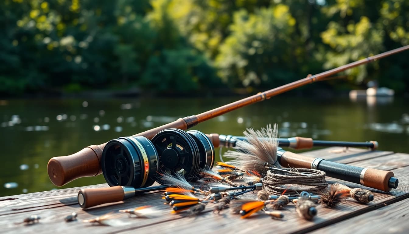 Showcasing a fly fishing kit by a serene river, featuring essential fishing gear.