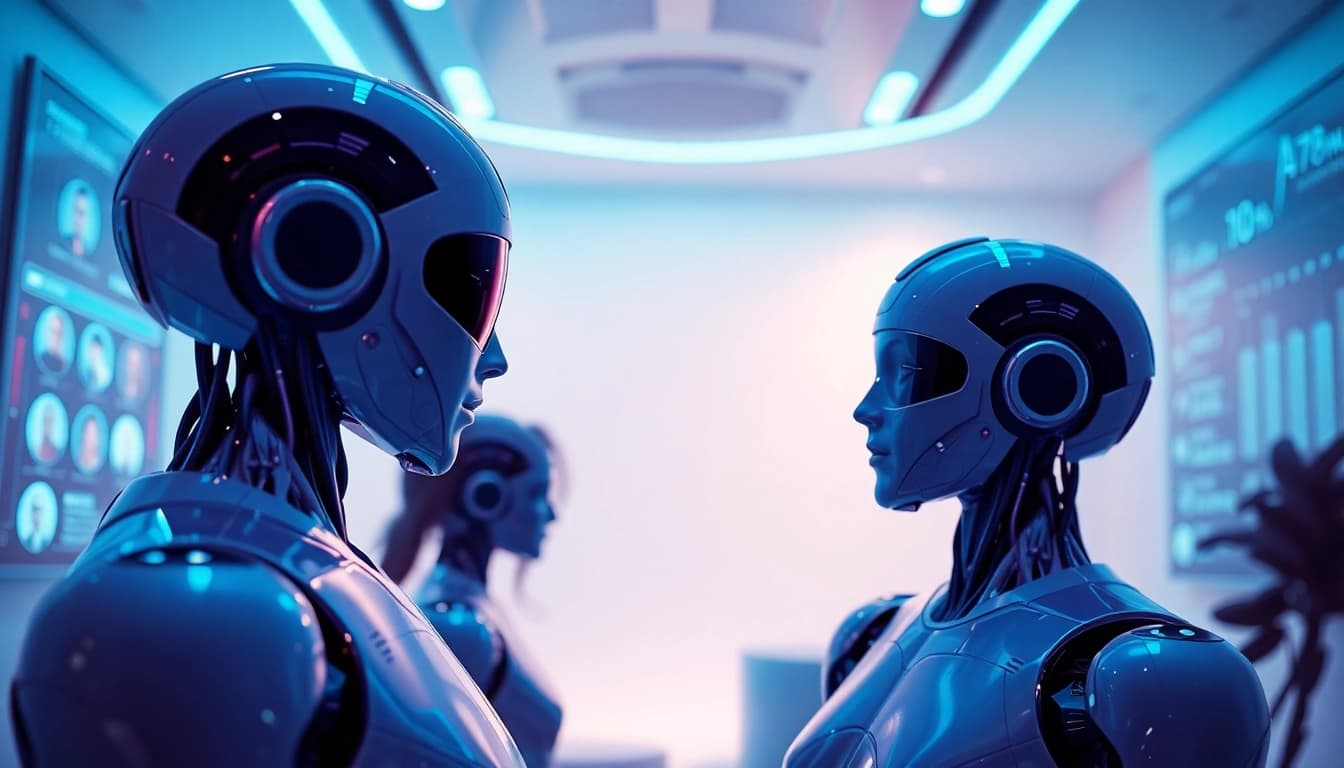 AI sex robots engaging users with emotional connections in a futuristic setting.