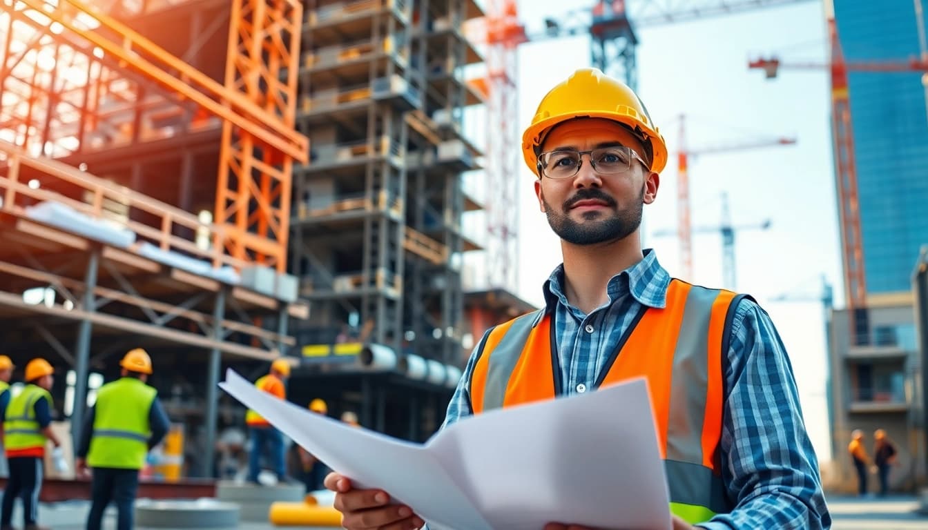 Engaged New York City Construction Manager directing a construction team at a busy site.