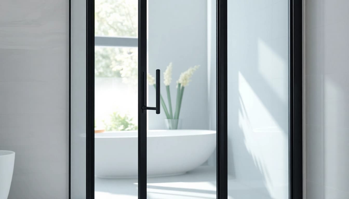 Elegant shower door black frame showcasing sleek design and modern aesthetics in a stylish bathroom.
