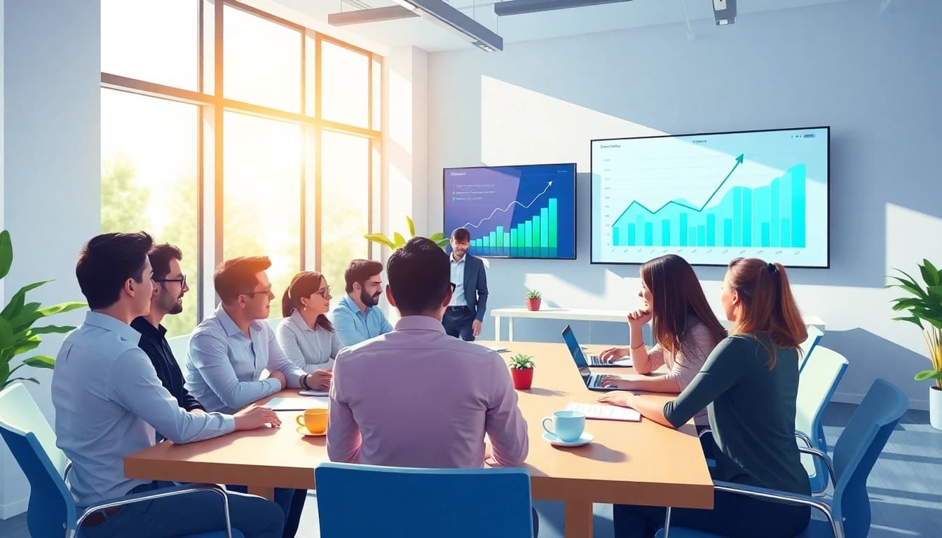 Professional team collaboration on growth strategy trends in a modern office environment.