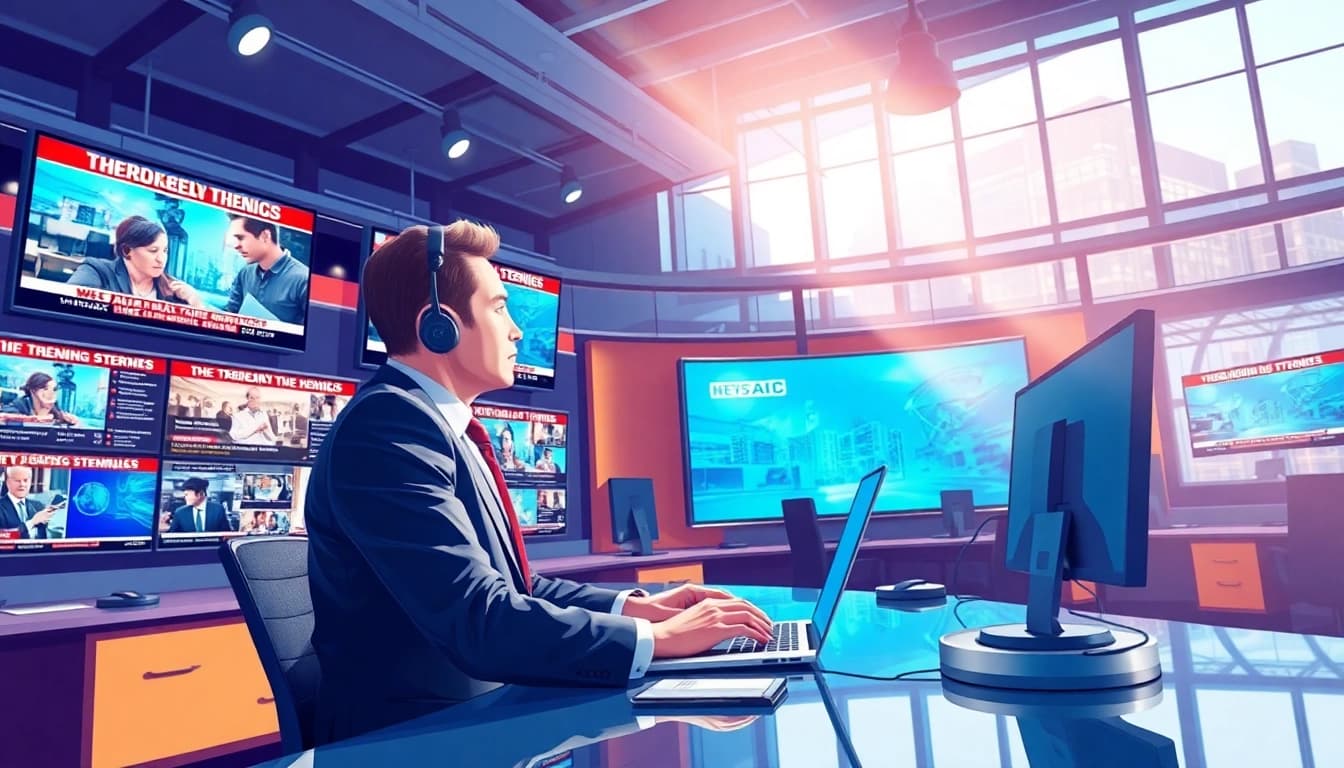 News reporter covers breaking news in a vibrant newsroom environment.