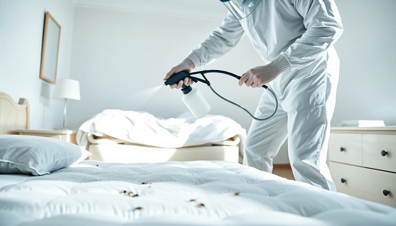 Applying bed bug chemical treatment in a professional setting with focus on safety and effectiveness.