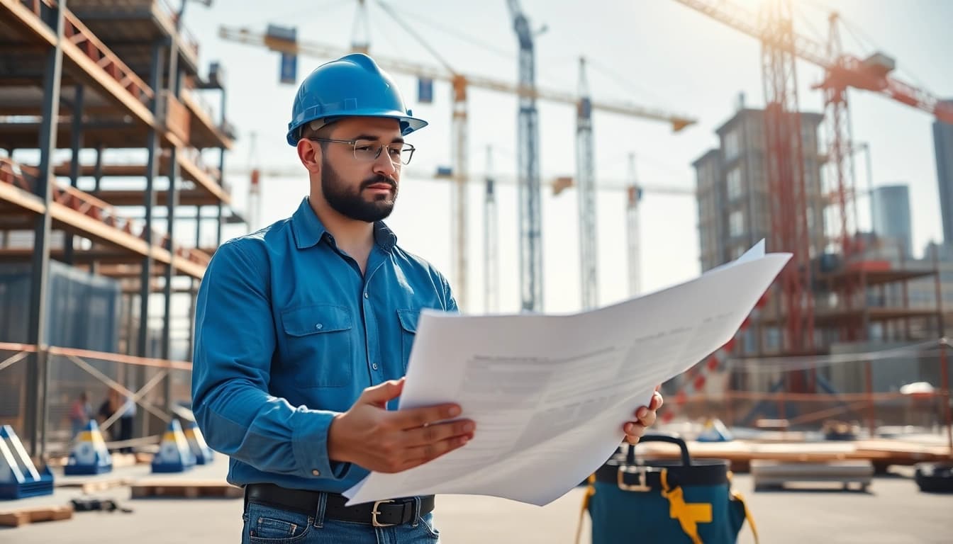 Manhattan General Contractor reviewing construction plans at a busy job site, showcasing professionalism.