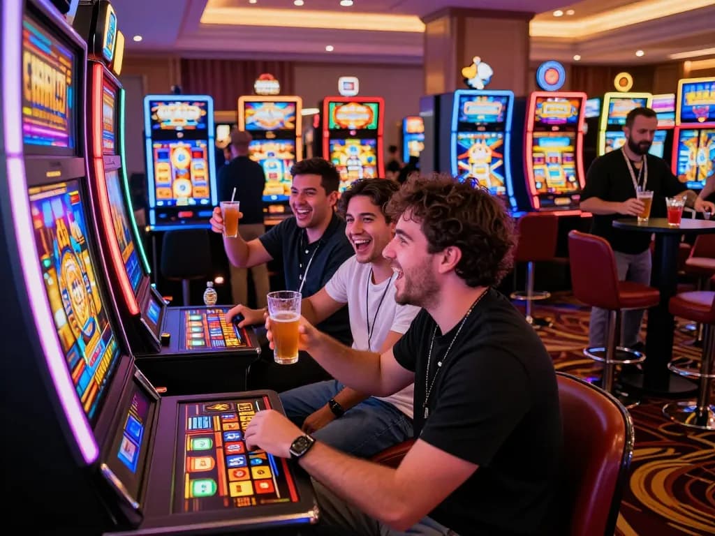 Mitra menikmati pengalaman link slot yang meriah di kasino dengan lampu yang cerah dan kegembiraan.
