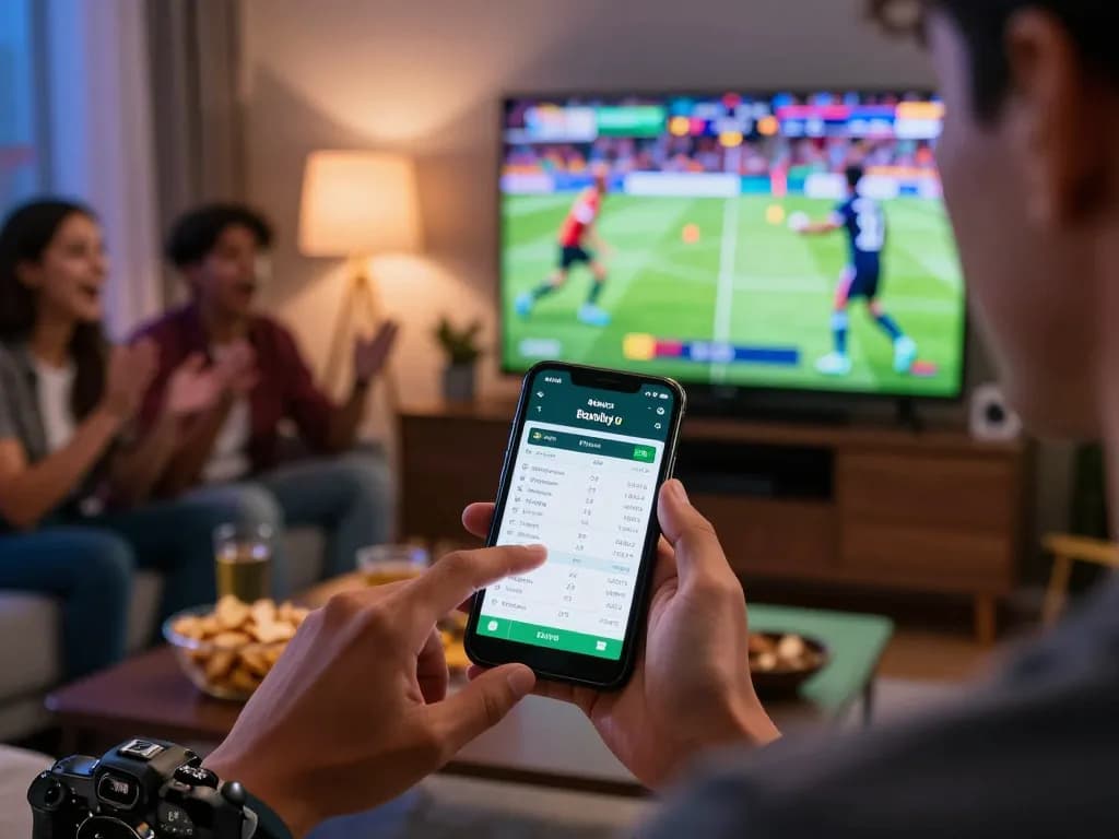 Making a strategic parlay bola bet on a mobile app while friends celebrate the game, highlighting sports betting action.