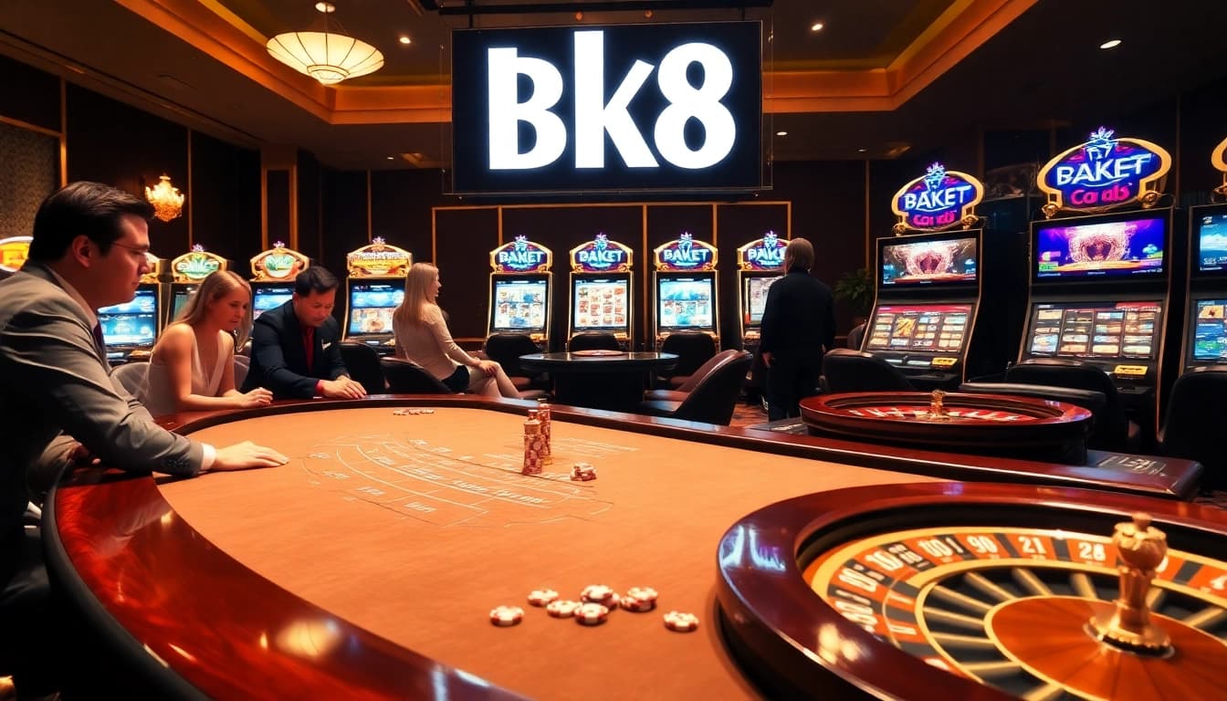 Experience the thrill at BK8's luxurious casino table with vibrant slot machines and roulette excitement.