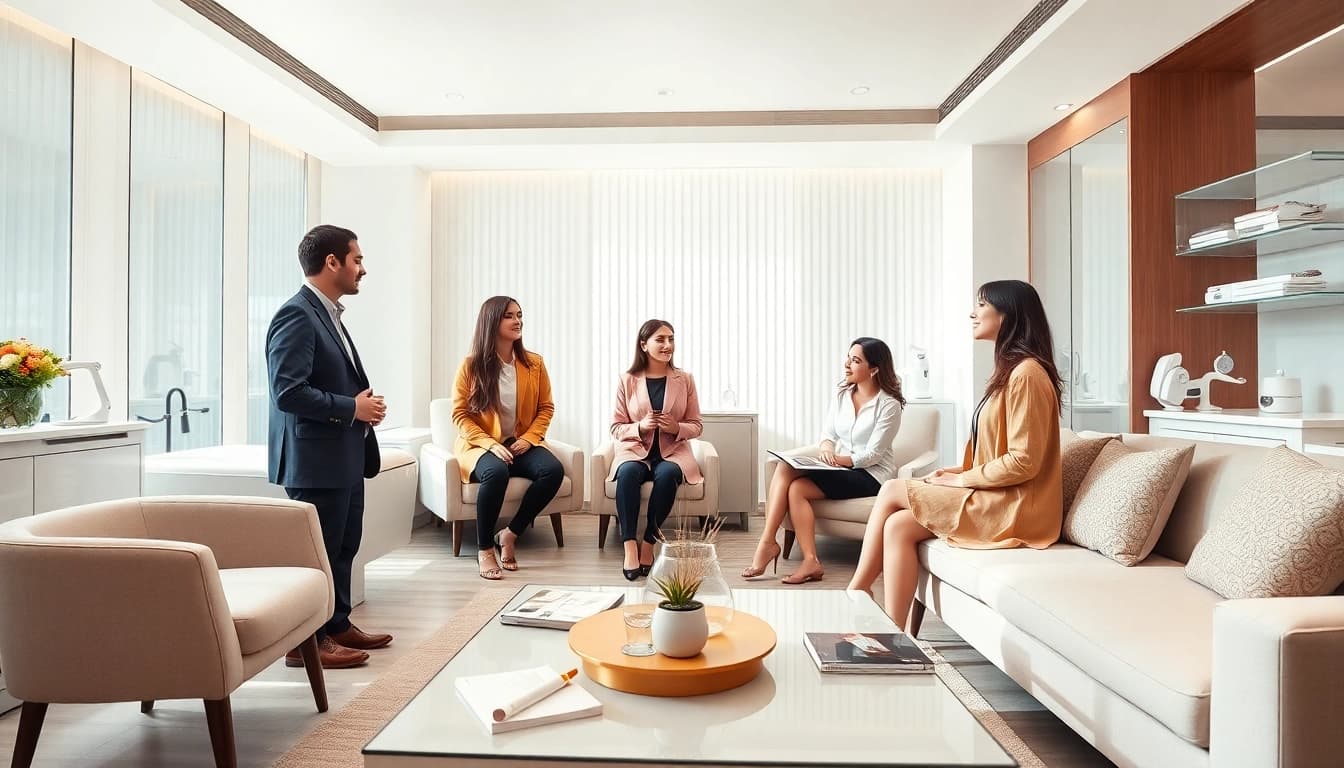 Engaging scene highlighting medspa marketing strategies with a consultant and clients in discussion.