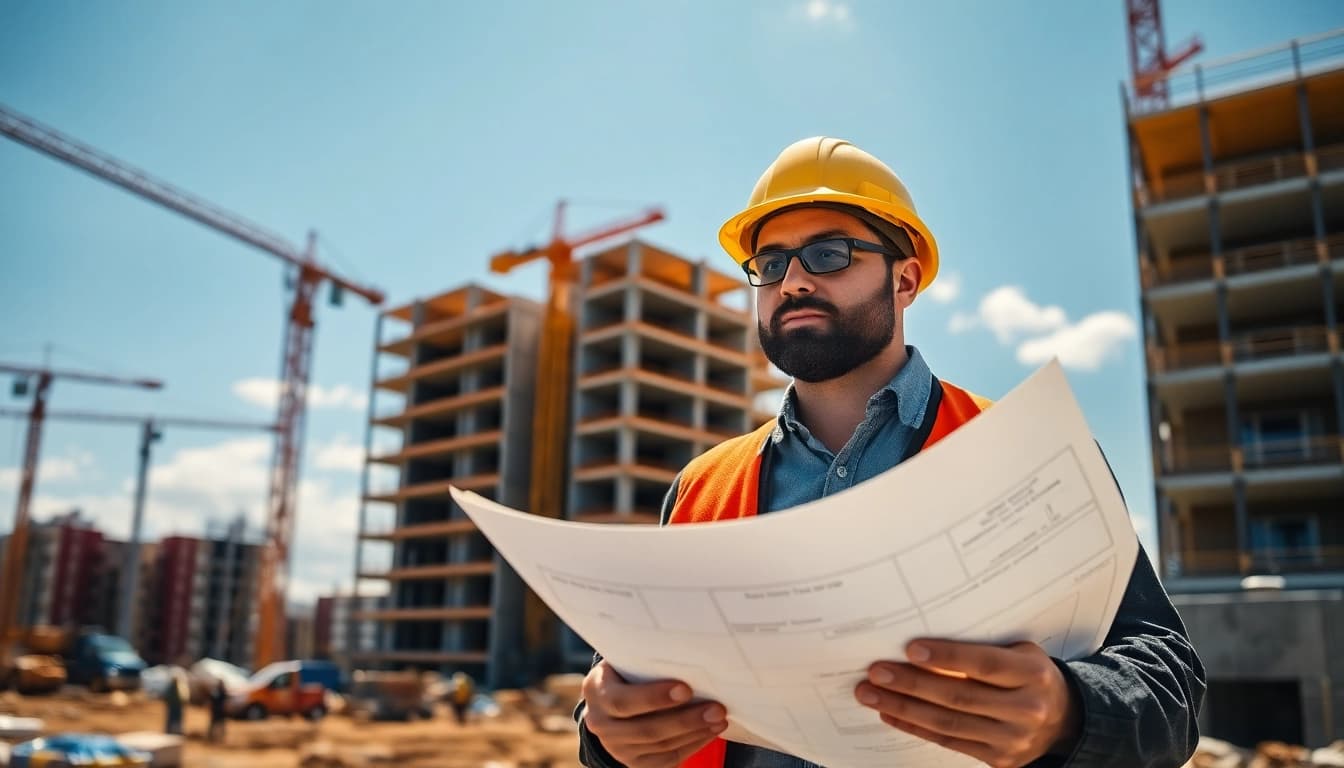 New Jersey Construction Manager supervising a construction project with blueprints.