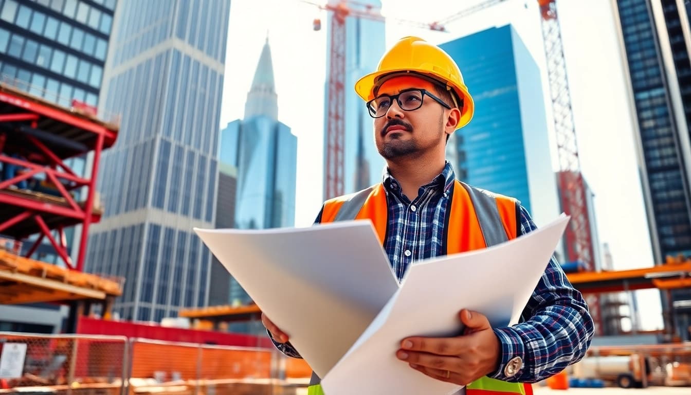 New York City General Contractor managing a construction site with blueprints.