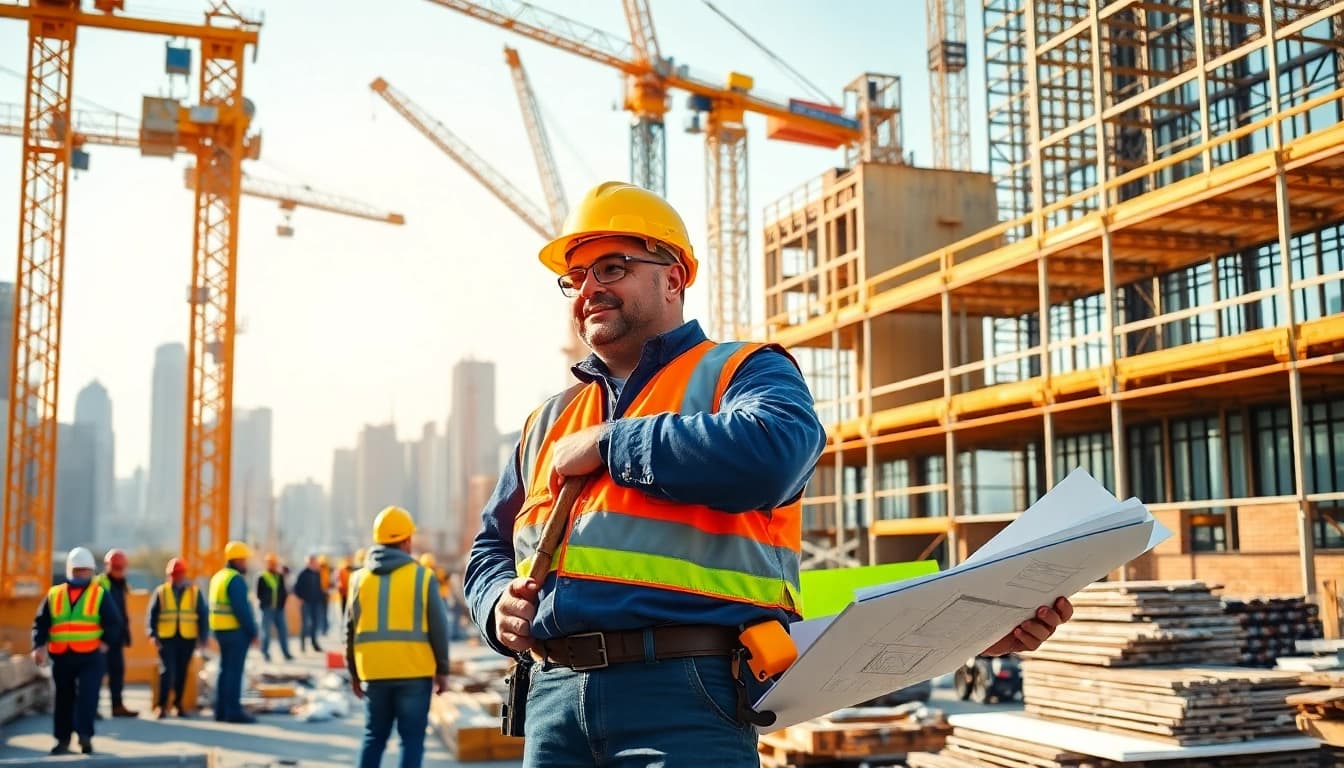 New York Commercial General Contractor overseeing a dynamic construction site with diverse workers.