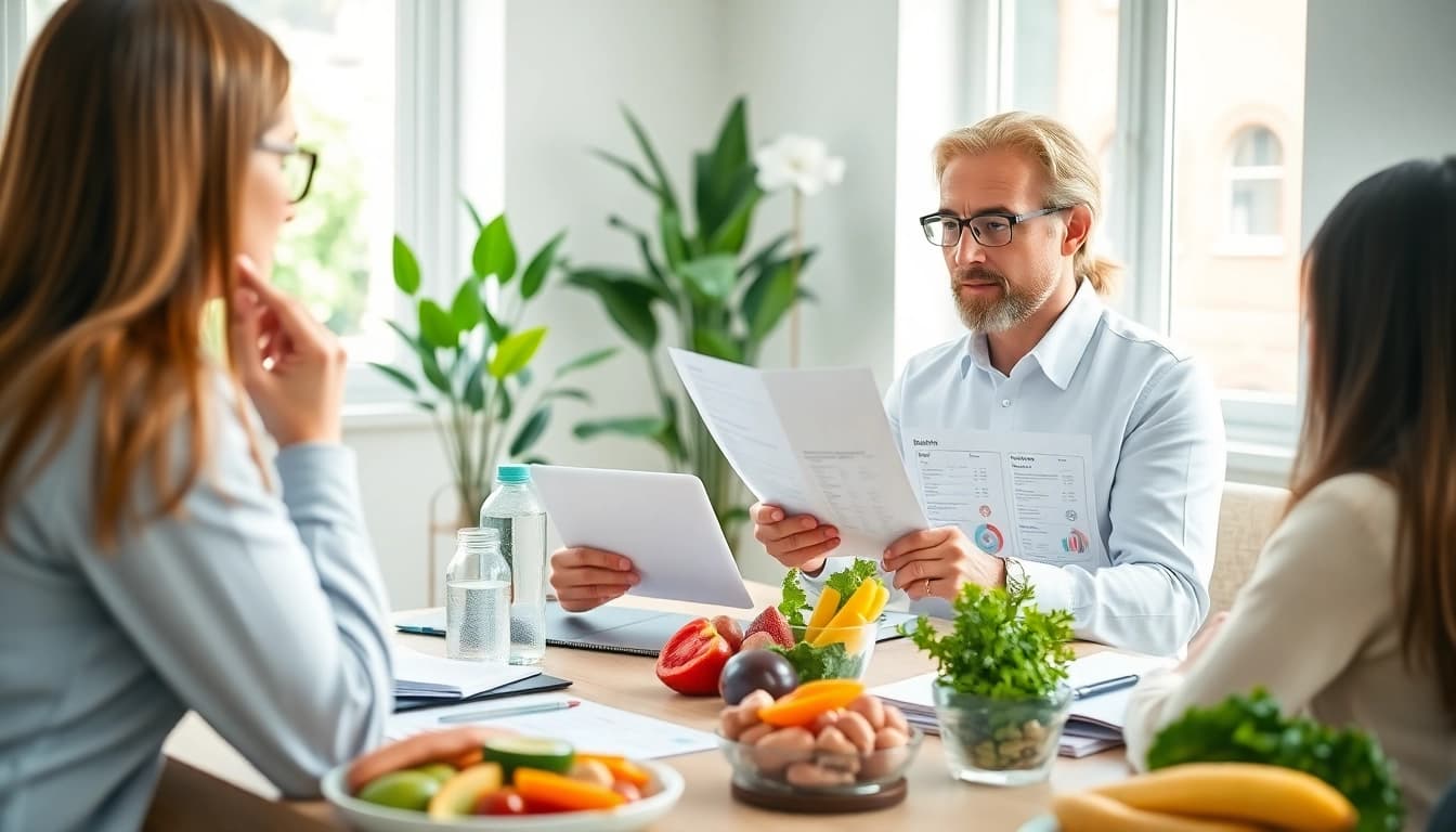 Engaged nutritionist explaining intermittent fasting benefits to a client in a sunny office.