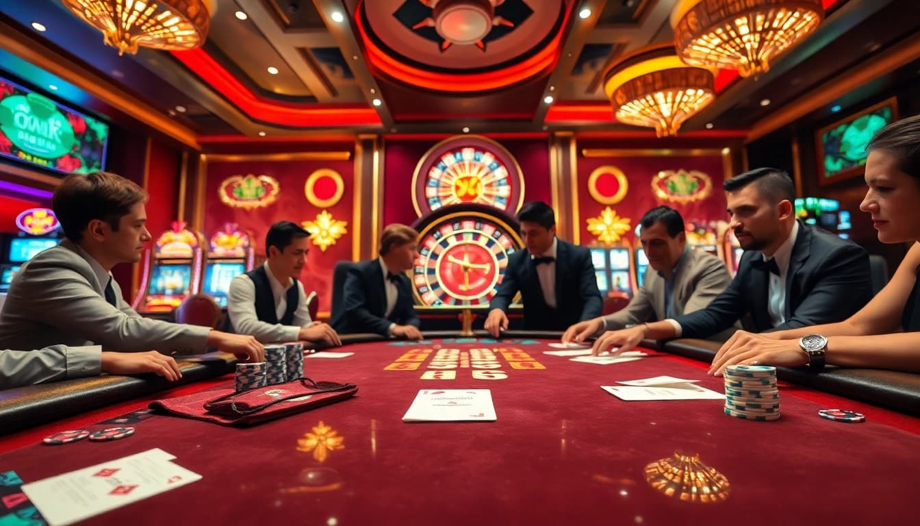 High-stakes players engaging in 8k bet action at a luxe casino poker table, with roulette and slot machines.