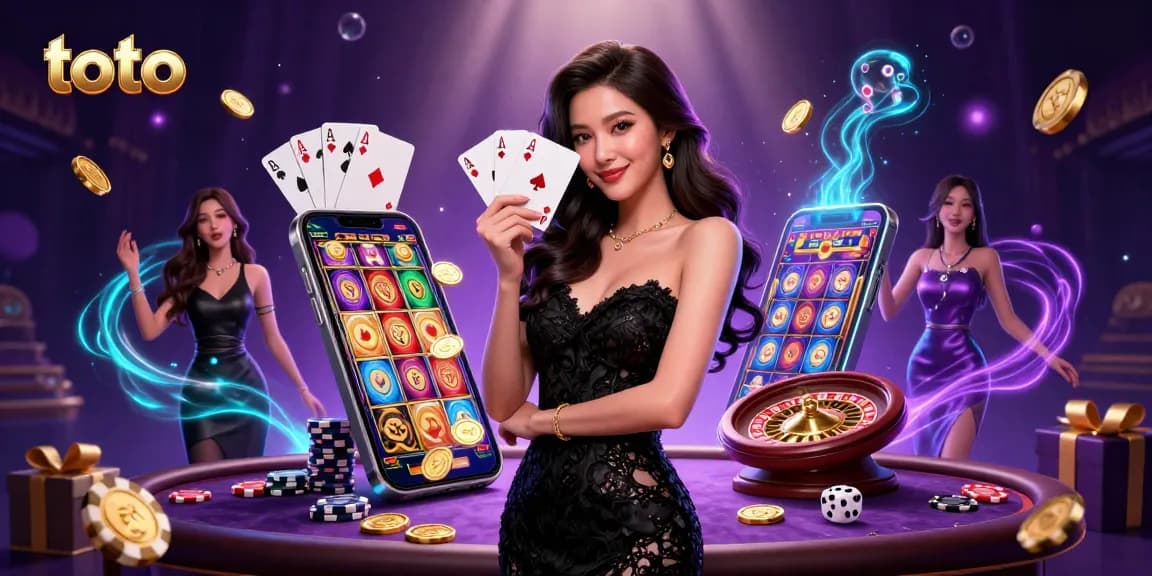 Engage in thrilling toto games with a stunning Asian dealer revealing winning cards amidst vibrant casino elements.