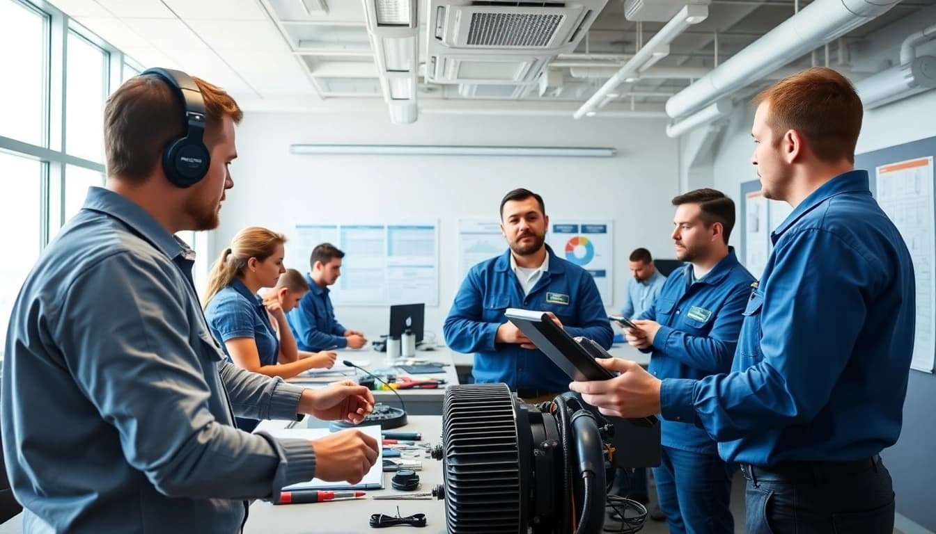 Engage in HVAC technician training with students actively learning in a bright classroom.