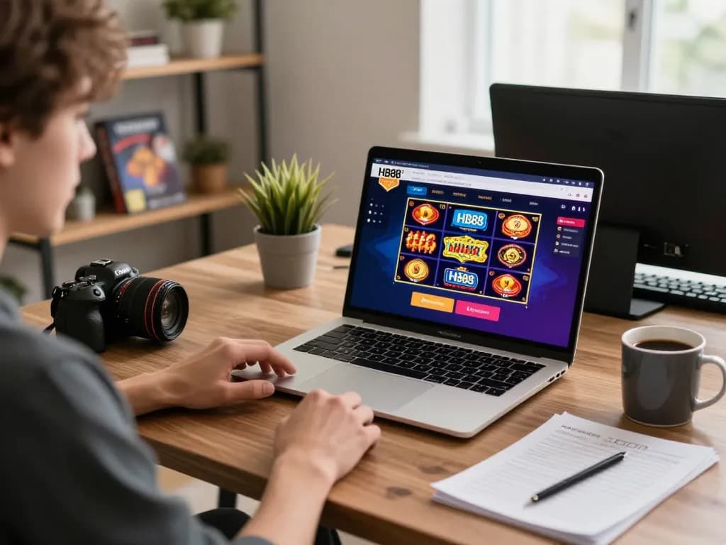 Engaged player using HB88 app on laptop for online casino gaming, showcasing dynamic interface.