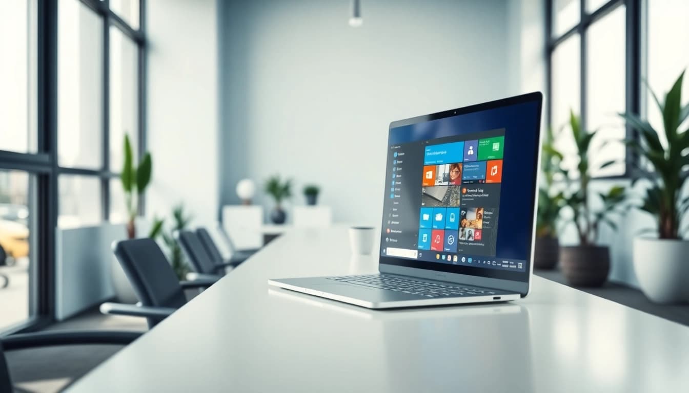 Zrób zrzut ekranu interfejsu Windows 11 na nowoczesnym biurku w jasnym biurze.