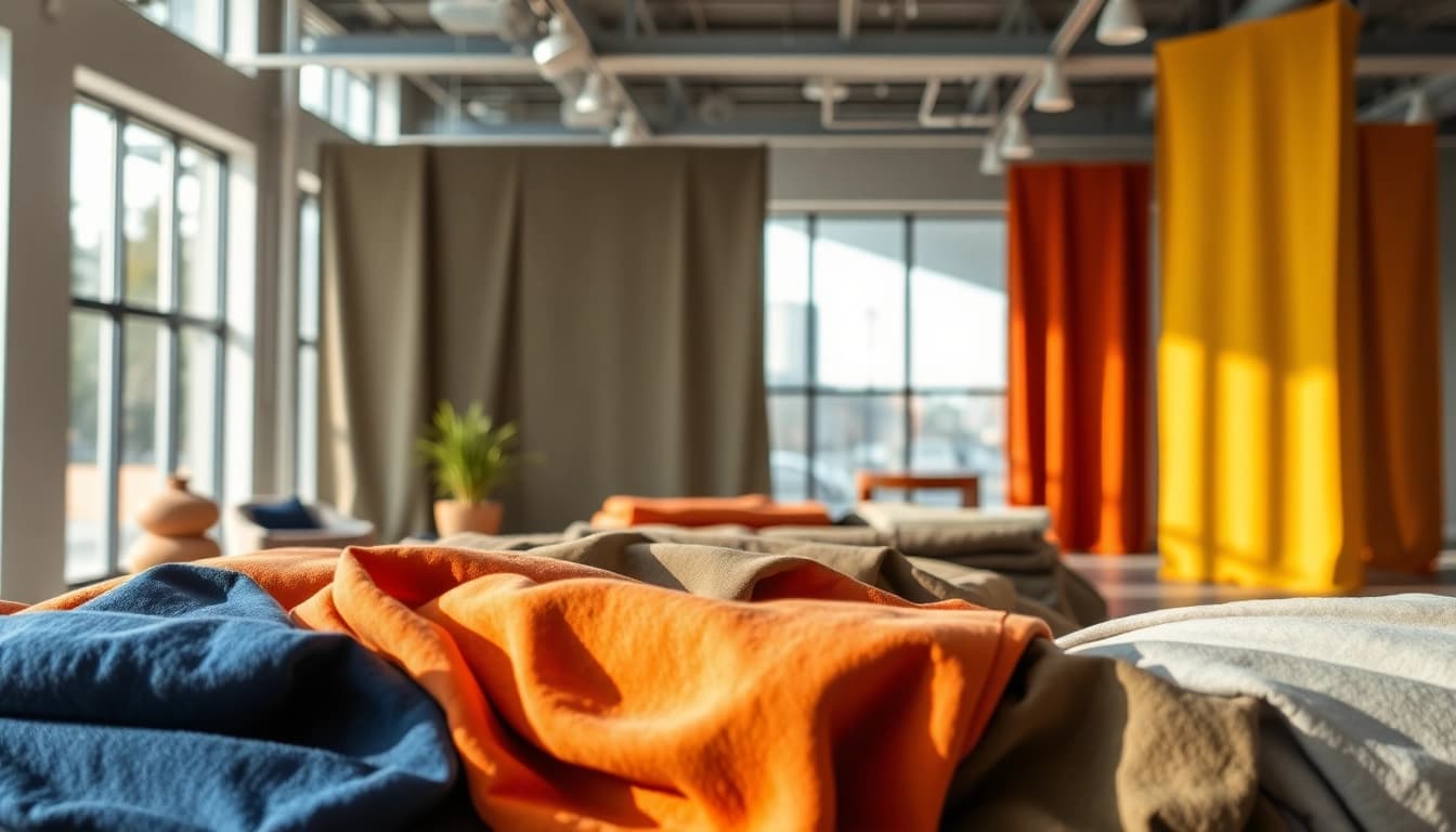 Ontdek moderne canvas stoffen met een rijke textuur en stijlvolle kleuren in een galerij.
