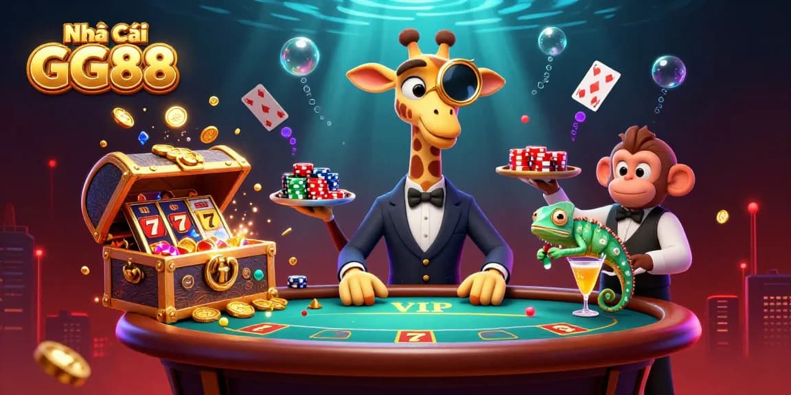 Engage with Nhà Cái GG88 in a vibrant 3D casino scene featuring a giraffe and monkey at a poker table.
