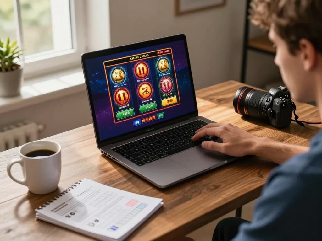 Engaging player enjoying a slot bet experience on a laptop, showcasing home gaming environment.