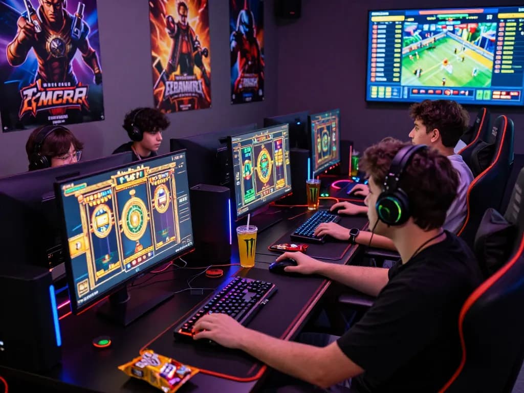 Suasana gaming situs gacor dengan teman-teman yang terlibat dalam permainan slot online yang penuh warna, menampilkan grafis yang menarik.