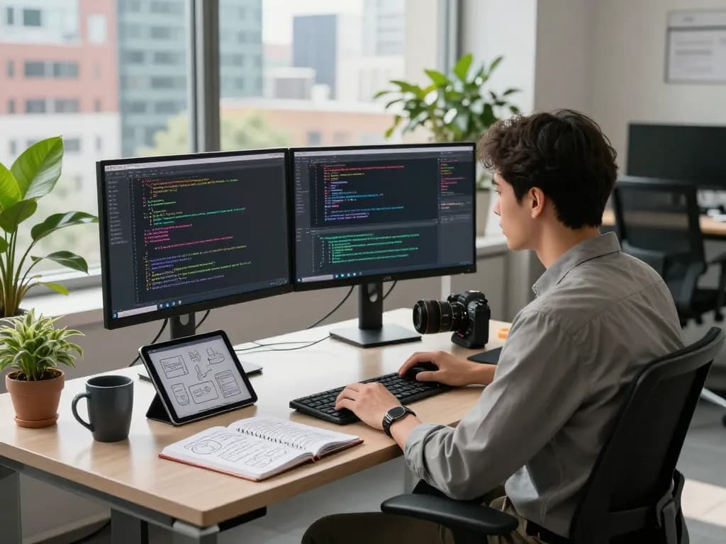 Developer engaging with an image to prompt tool at a modern tech workspace, surrounded by code and design sketches.