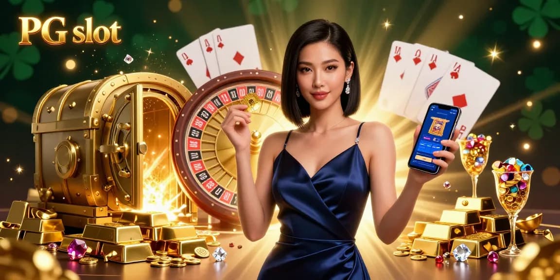Engage with the exhilarating PG slot experience featuring a sophisticated woman amidst a golden, gem-filled casino scene.