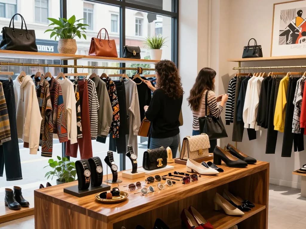 Shopping at a 레플리카 쇼핑몰 featuring luxury replica fashion items in a trendy boutique.