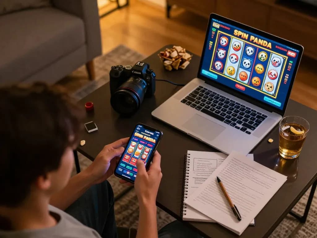 Engaging in Spin Panda online casino gaming on a smartphone in a cozy home setting.