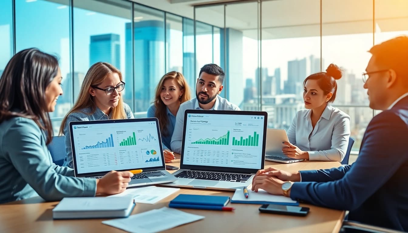 Engaging team optimizing marketing SEO services in a modern office environment.