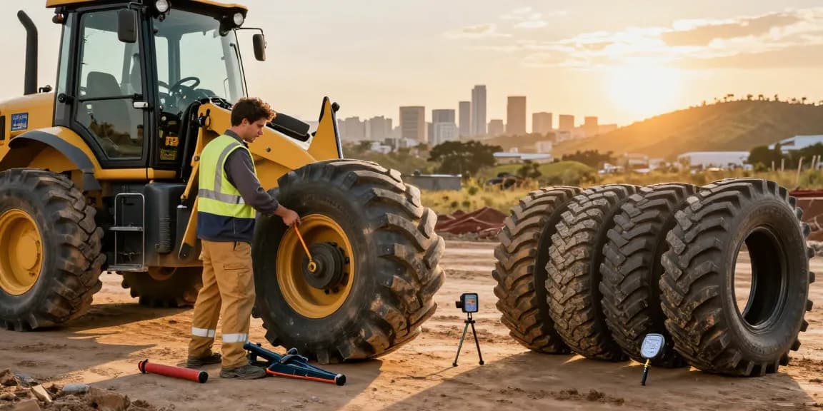 Technician fitting TLB tyres for sale on a tractor loader backhoe at a construction site in Durban.
