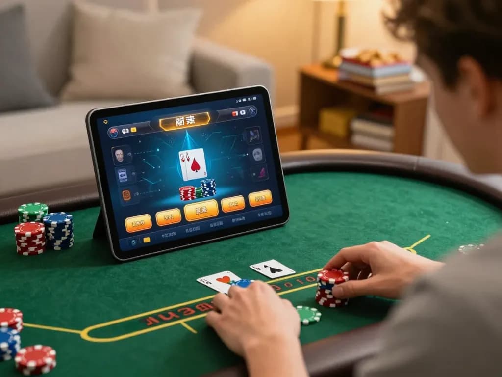 Engaging user on lv88 blog playing online poker, cozy home atmosphere, chips stacked on screen