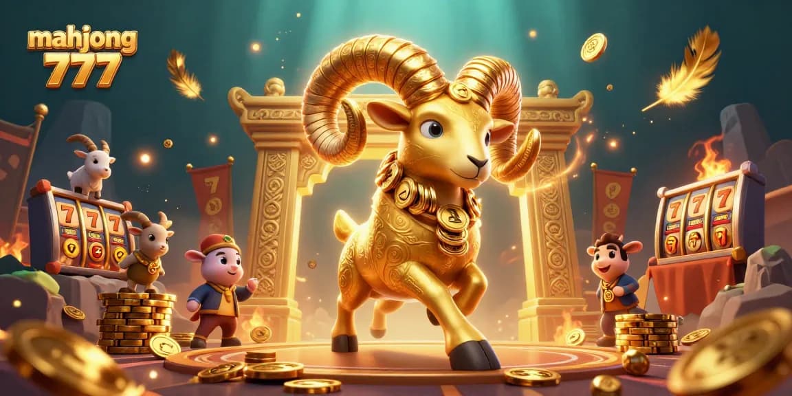 Engage with mahjong 777 gameplay, featuring golden rams amidst dynamic casino elements.