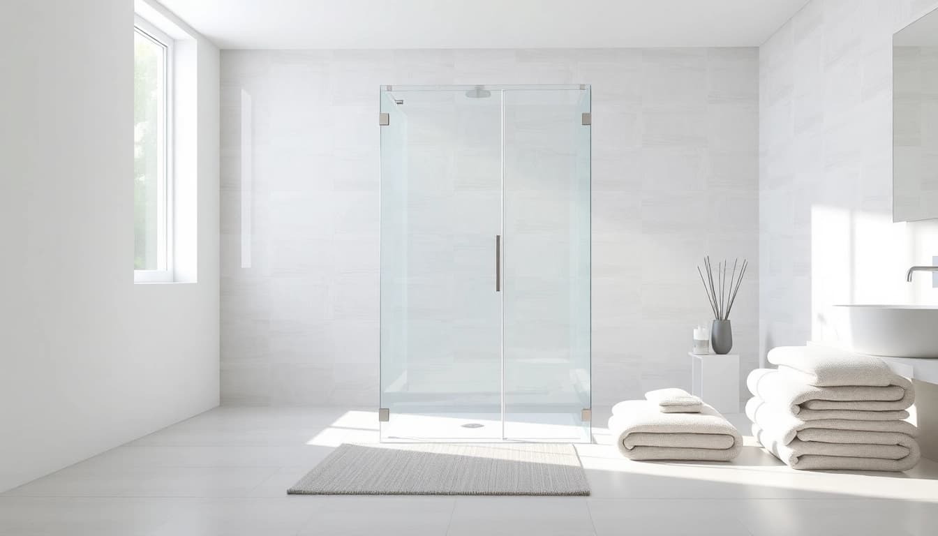 Stylish shower screen door in a modern bathroom, emphasizing transparency and sleek design.